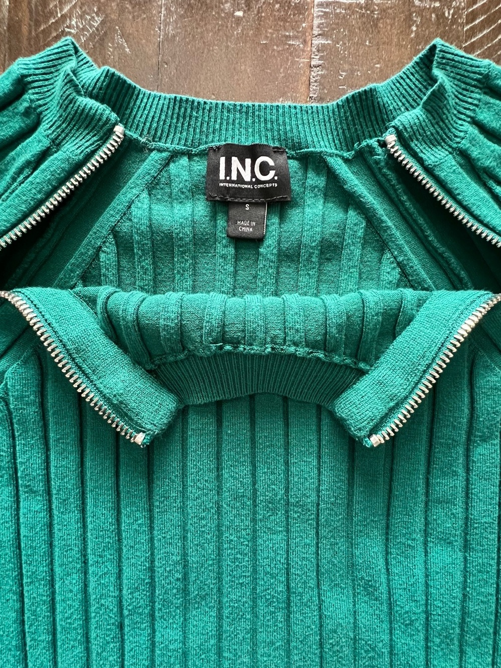 INC Zip Raglan Women Ribbed Long-sleeve Green Shirt Size Small